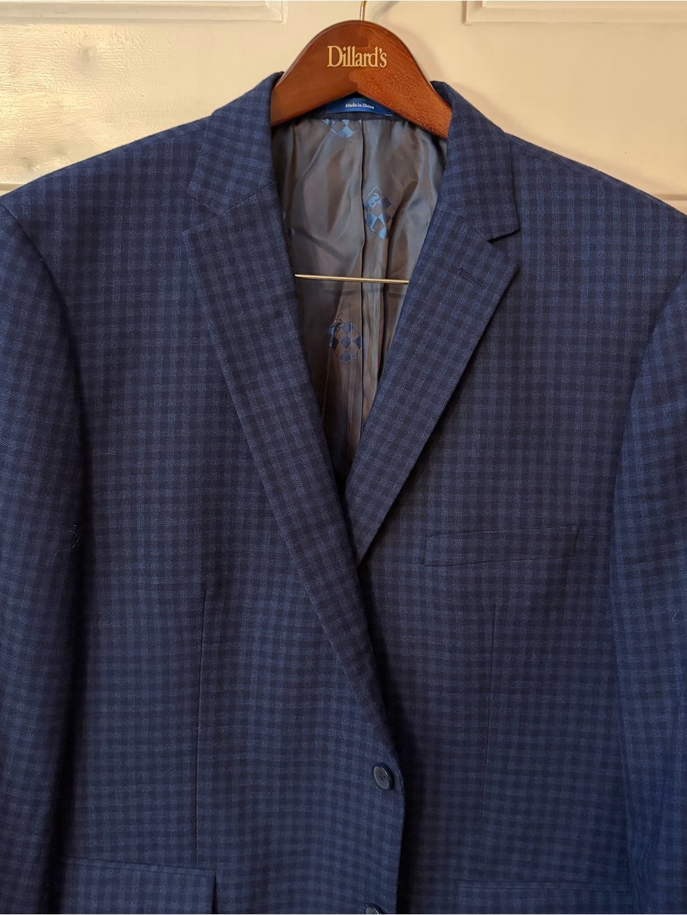 Vince Camuto Modern Fit 100% Wool Sport Coat Blue Micro Check Blazer 46R preppy